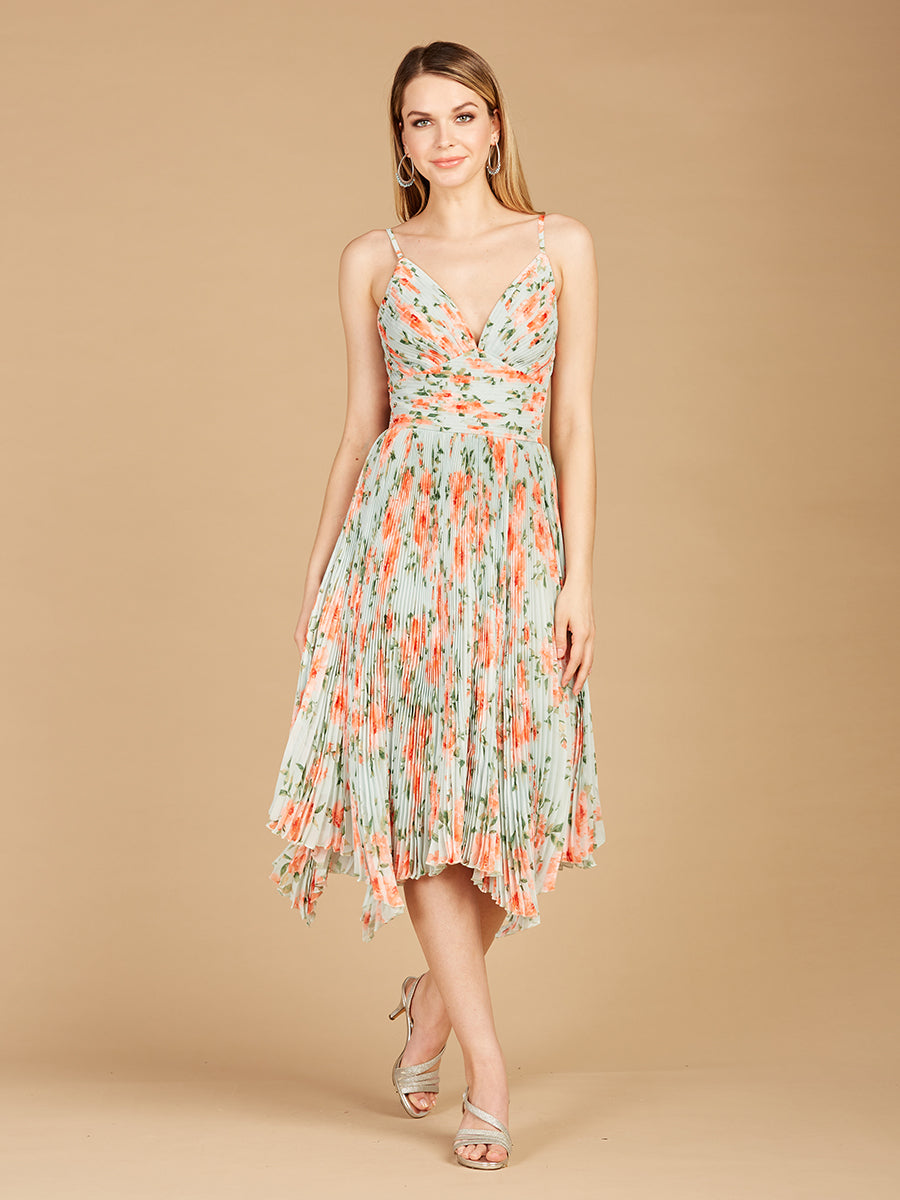 V-Neck Printed Midi Length Dress with Pleats - OUTLET by Lara New York