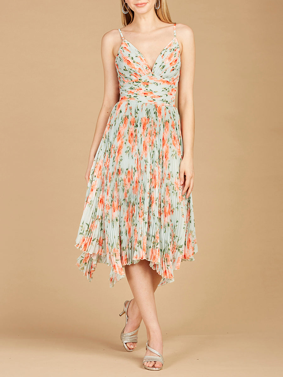 V-Neck Printed Midi Length Dress with Pleats - OUTLET by Lara New York