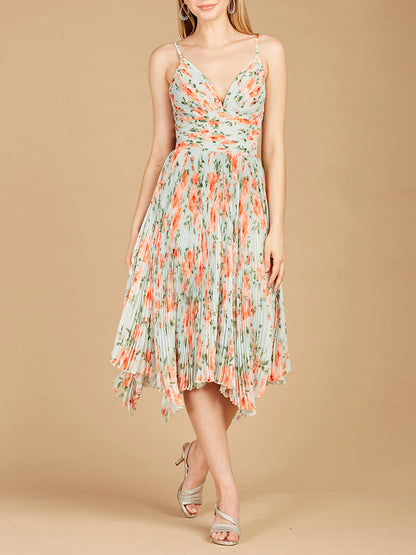 V-Neck Printed Midi Length Dress with Pleats - OUTLET by Lara New York
