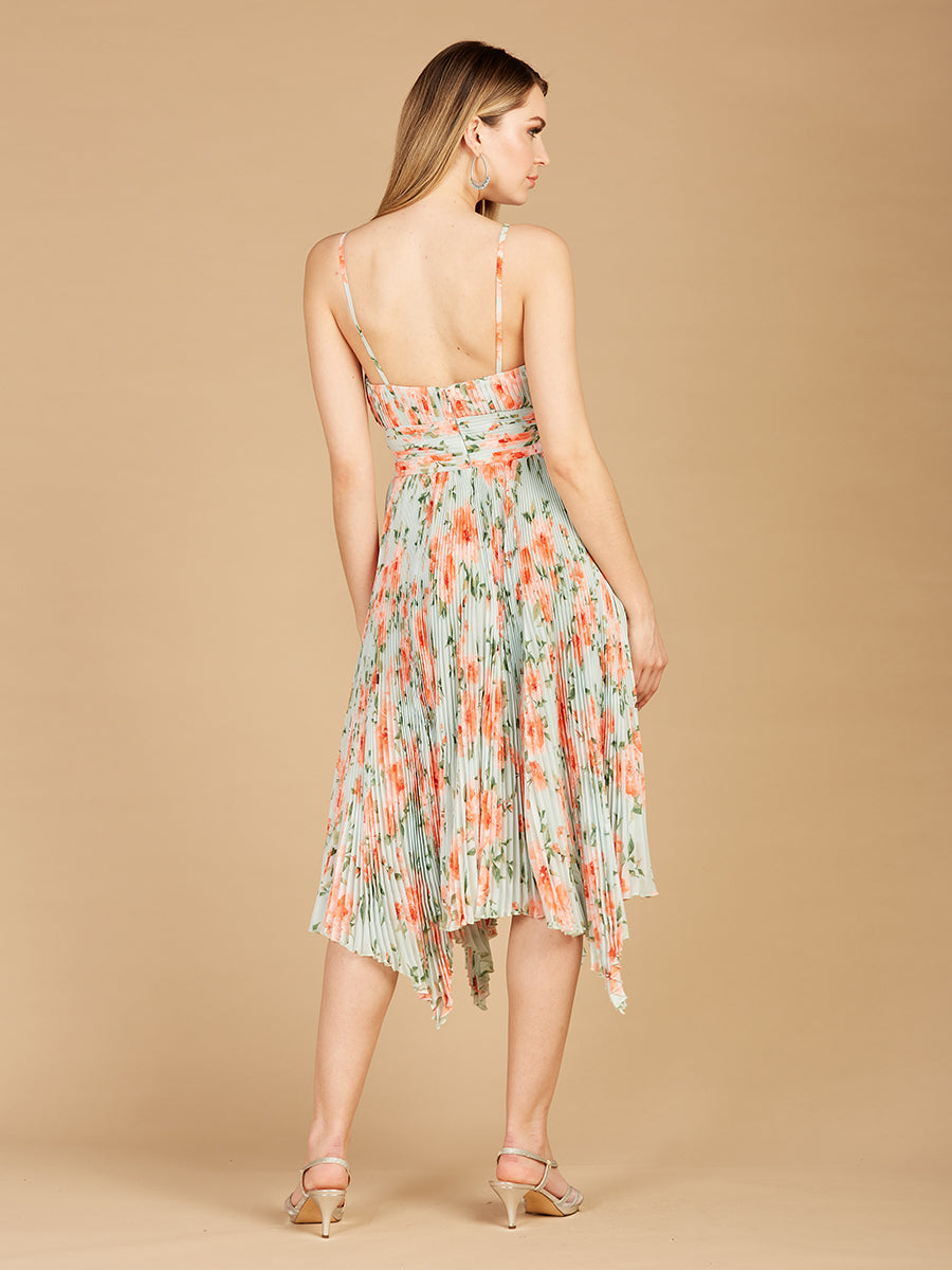V-Neck Printed Midi Length Dress with Pleats - OUTLET by Lara New York