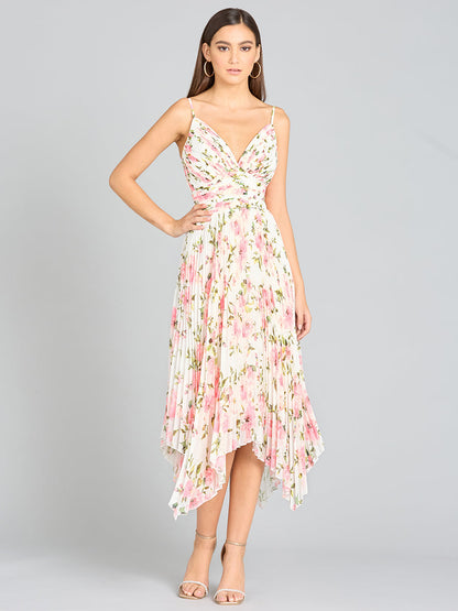 V-Neck Printed Midi Length Dress with Pleats - OUTLET by Lara New York