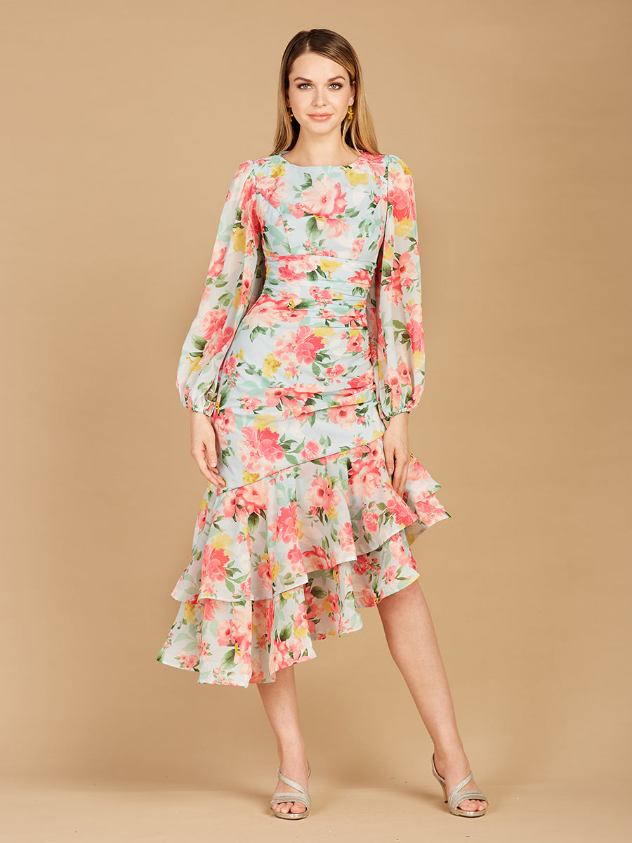High Neck, Lace Up, Long Sleeve Printed Midi Dress - OUTLET by Lara New York
