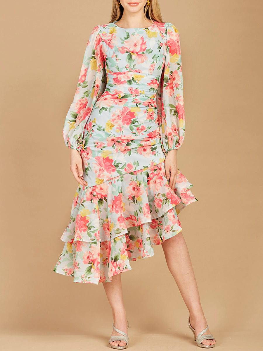 High Neck, Lace Up, Long Sleeve Printed Midi Dress - OUTLET by Lara New York
