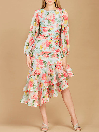 High Neck, Lace Up, Long Sleeve Printed Midi Dress - OUTLET by Lara New York
