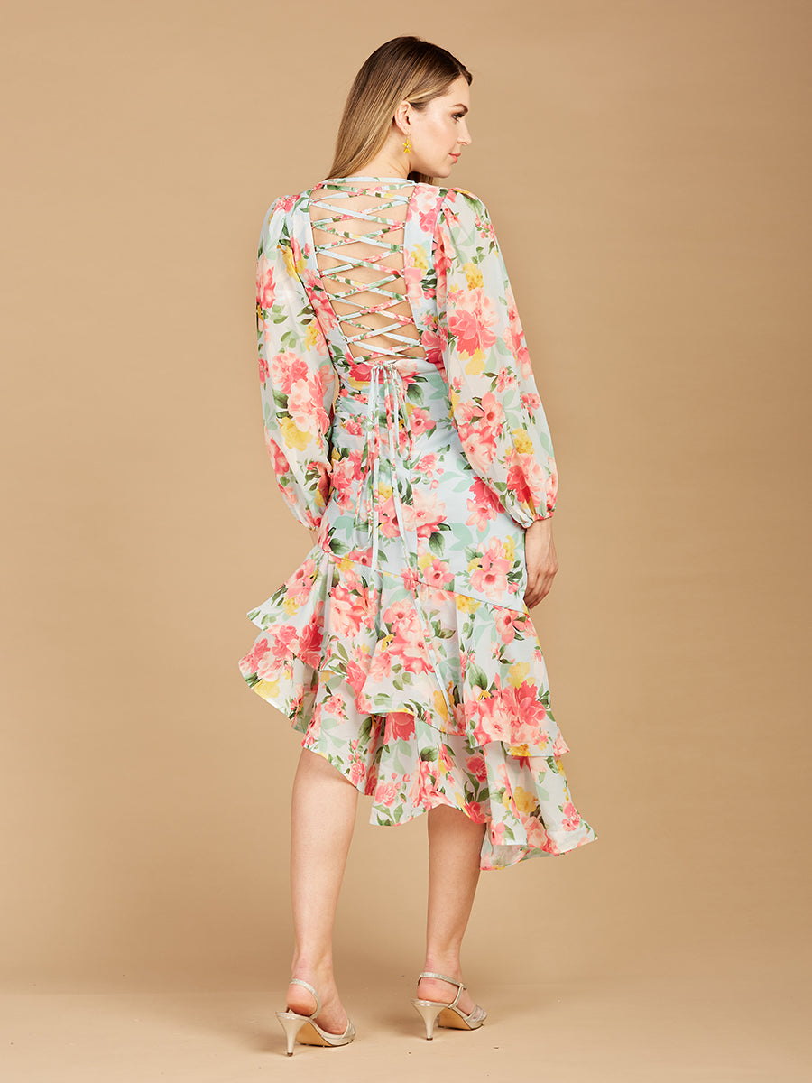 High Neck, Lace Up, Long Sleeve Printed Midi Dress - OUTLET by Lara New York