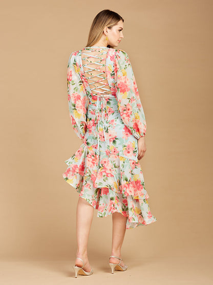 High Neck, Lace Up, Long Sleeve Printed Midi Dress - OUTLET by Lara New York