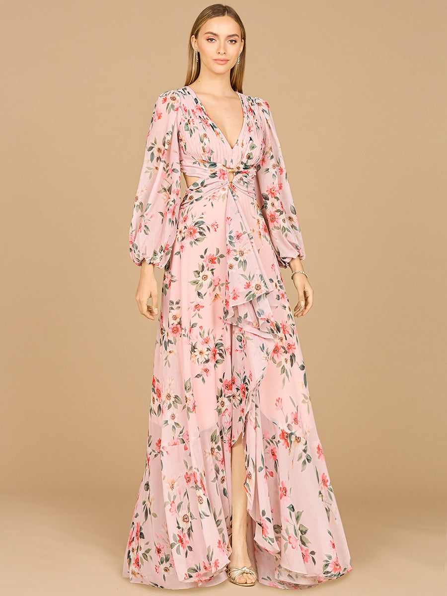 Long Sleeve V-Neck, Layered Skirt Print Dress- OUTLET by Lara New York