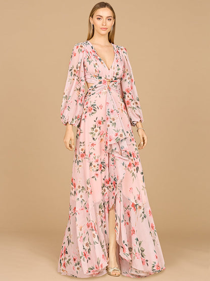 Long Sleeve V-Neck, Layered Skirt Print Dress- OUTLET by Lara New York