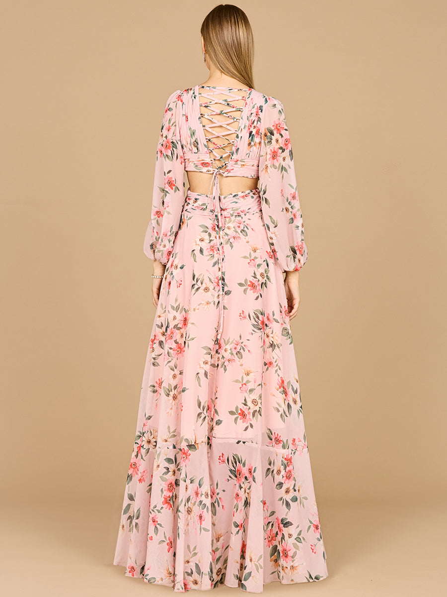Long Sleeve V-Neck, Layered Skirt Print Dress- OUTLET by Lara New York