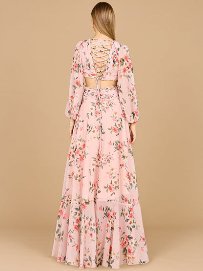Long Sleeve V-Neck, Layered Skirt Print Dress- OUTLET by Lara New York