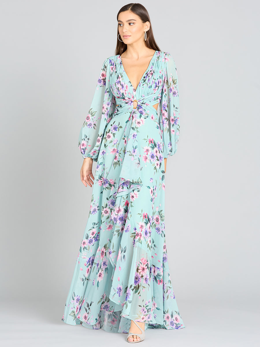 Long Sleeve V-Neck, Layered Skirt Print Dress- OUTLET by Lara New York