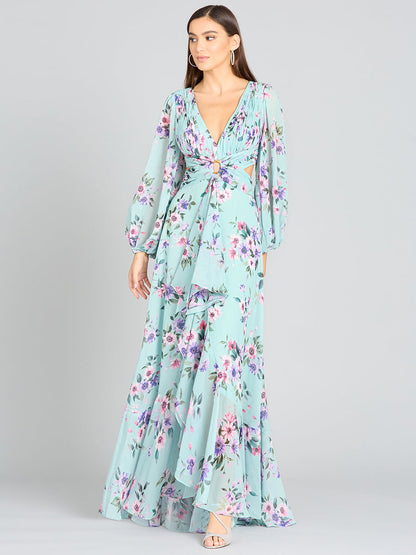 Long Sleeve V-Neck, Layered Skirt Print Dress- OUTLET by Lara New York