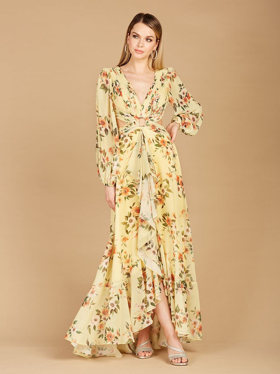 Long Sleeve V-Neck, Layered Skirt Print Dress- OUTLET by Lara New York