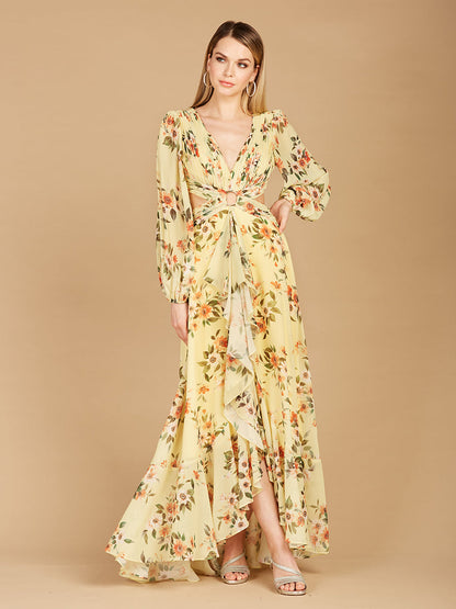 Long Sleeve V-Neck, Layered Skirt Print Dress- OUTLET by Lara New York