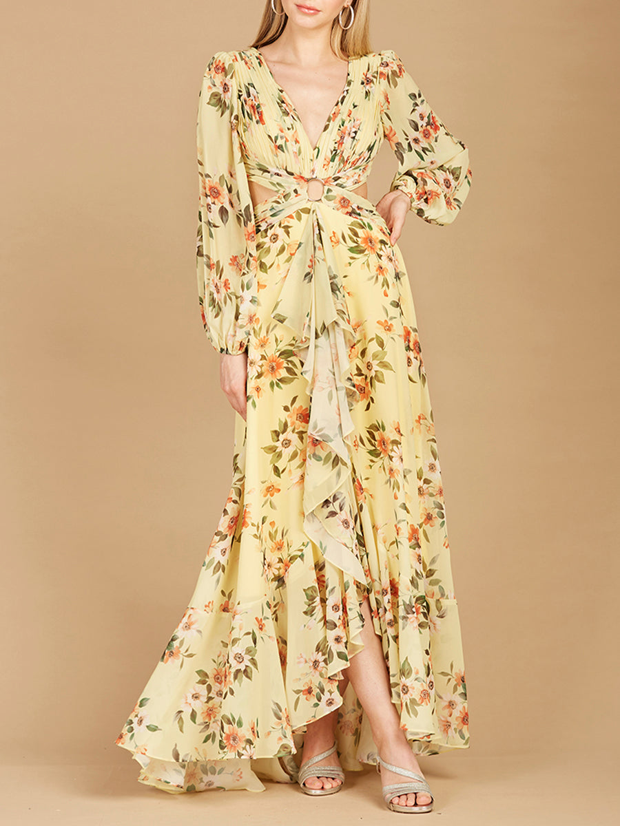 Long Sleeve V-Neck, Layered Skirt Print Dress- OUTLET by Lara New York