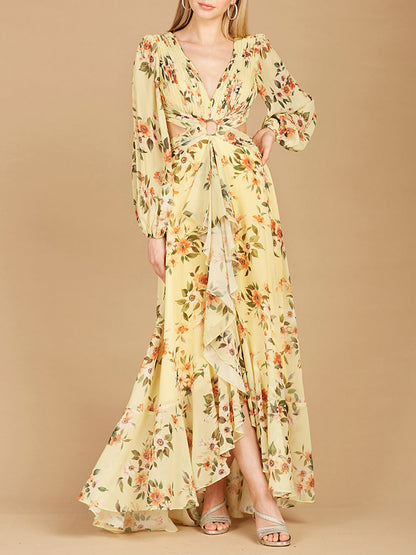 Long Sleeve V-Neck, Layered Skirt Print Dress- OUTLET by Lara New York