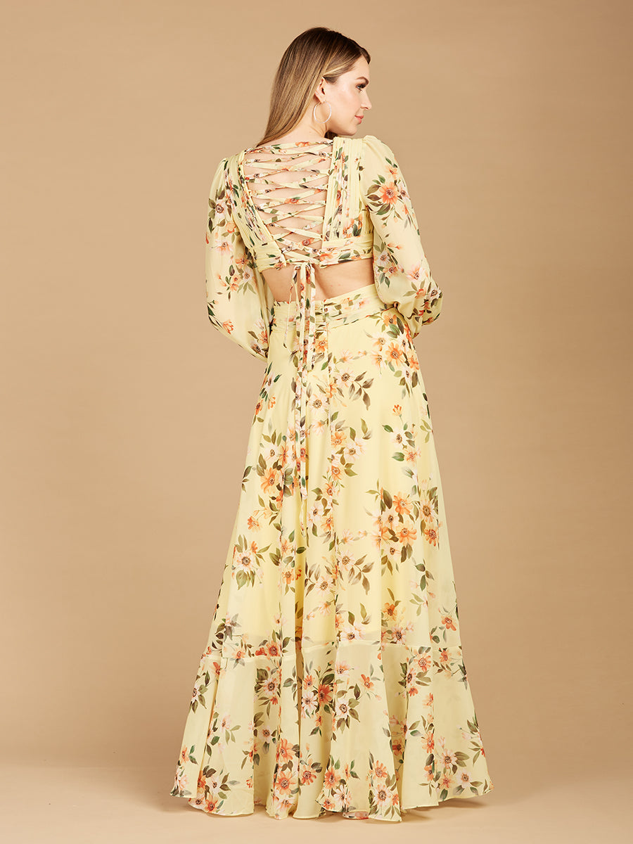 Long Sleeve V-Neck, Layered Skirt Print Dress- OUTLET by Lara New York