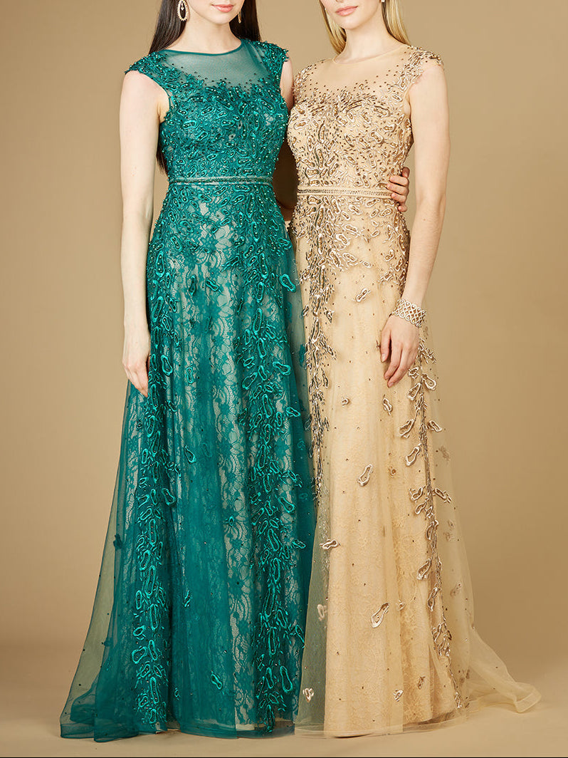 Inspired Lace Gown with Cap Sleeves by Lara New York