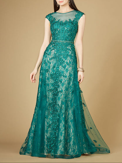 Inspired Lace Gown with Cap Sleeves by Lara New York