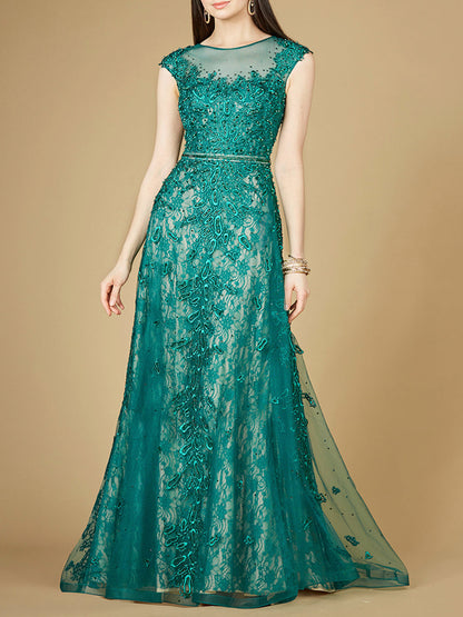 Inspired Lace Gown with Cap Sleeves by Lara New York