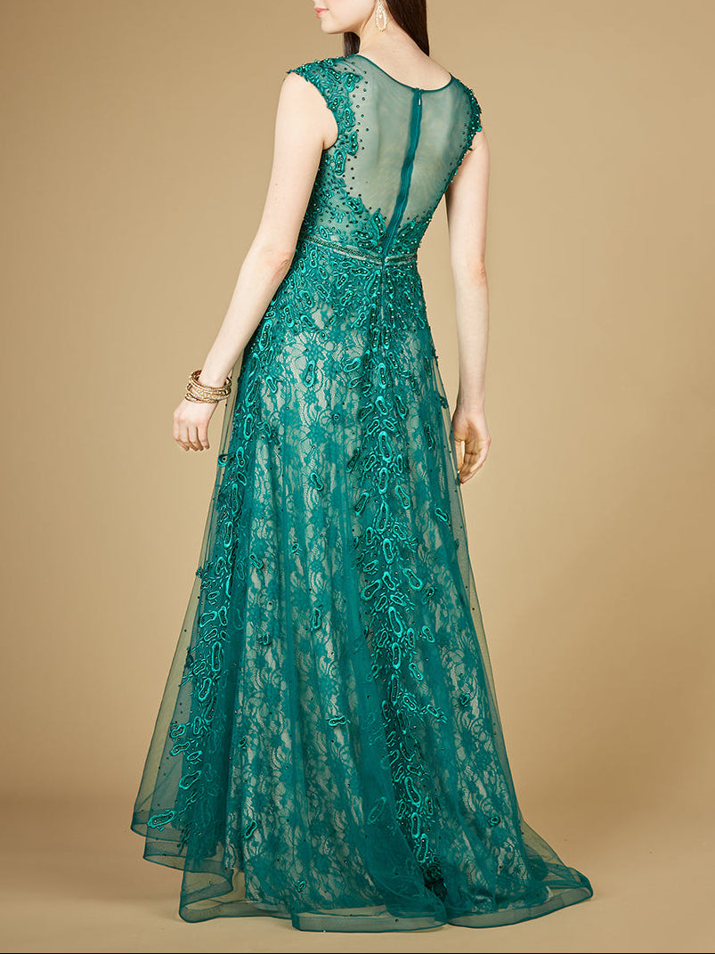 Inspired Lace Gown with Cap Sleeves by Lara New York
