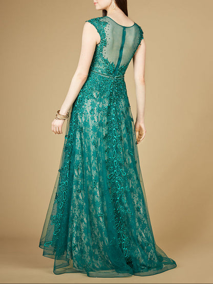 Inspired Lace Gown with Cap Sleeves by Lara New York