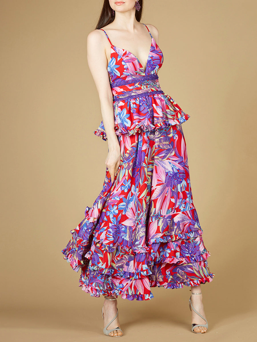 Ruffle Skirt Printed Gown - OUTLET by Lara New York