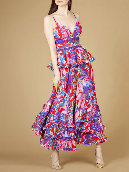 Ruffle Skirt Printed Gown - OUTLET by Lara New York