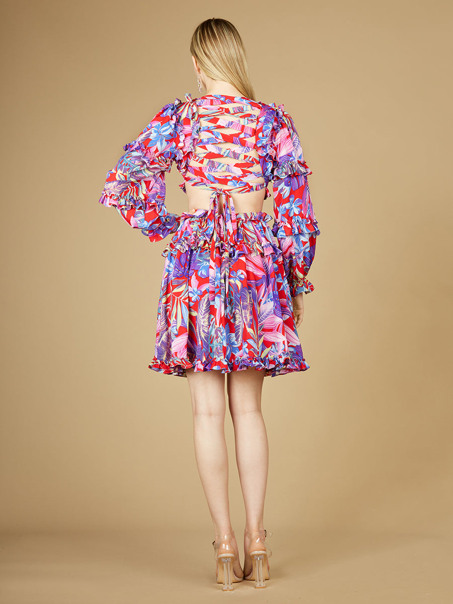 Long Sleeve Print Cocktail Short with Lace Up Back and Cutouts - OUTLET by Lara New York