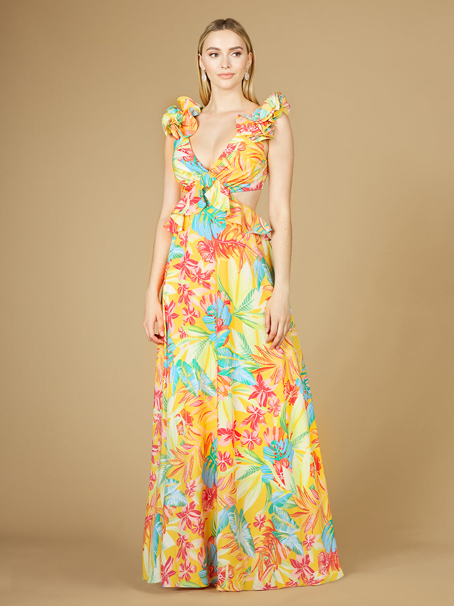 V-Neck Long Print Gown with Ruffled Straps - OUTLET by Lara New York