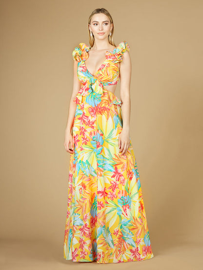 V-Neck Long Print Gown with Ruffled Straps - OUTLET by Lara New York