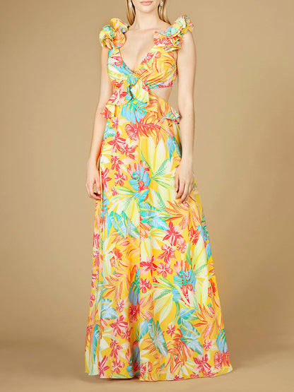 V-Neck Long Print Gown with Ruffled Straps - OUTLET by Lara New York