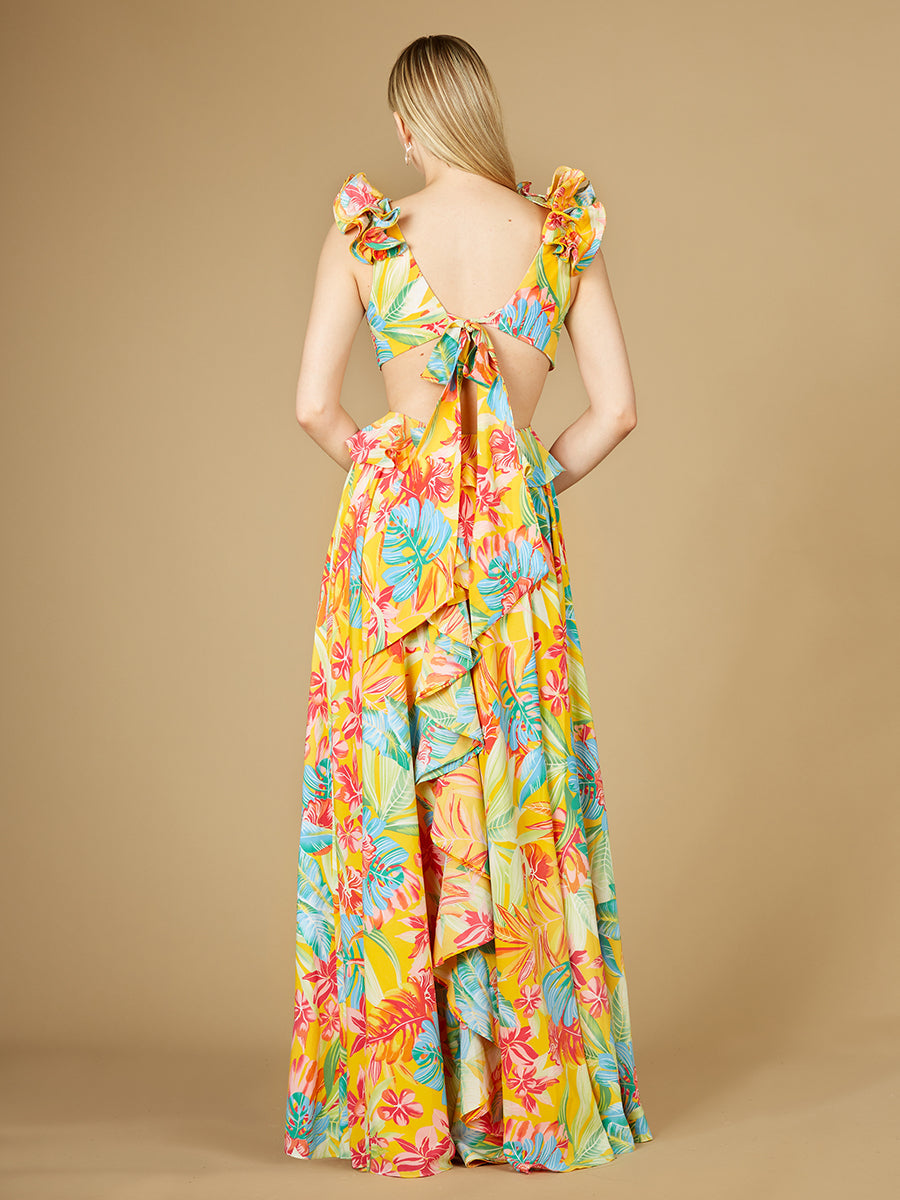 V-Neck Long Print Gown with Ruffled Straps - OUTLET by Lara New York