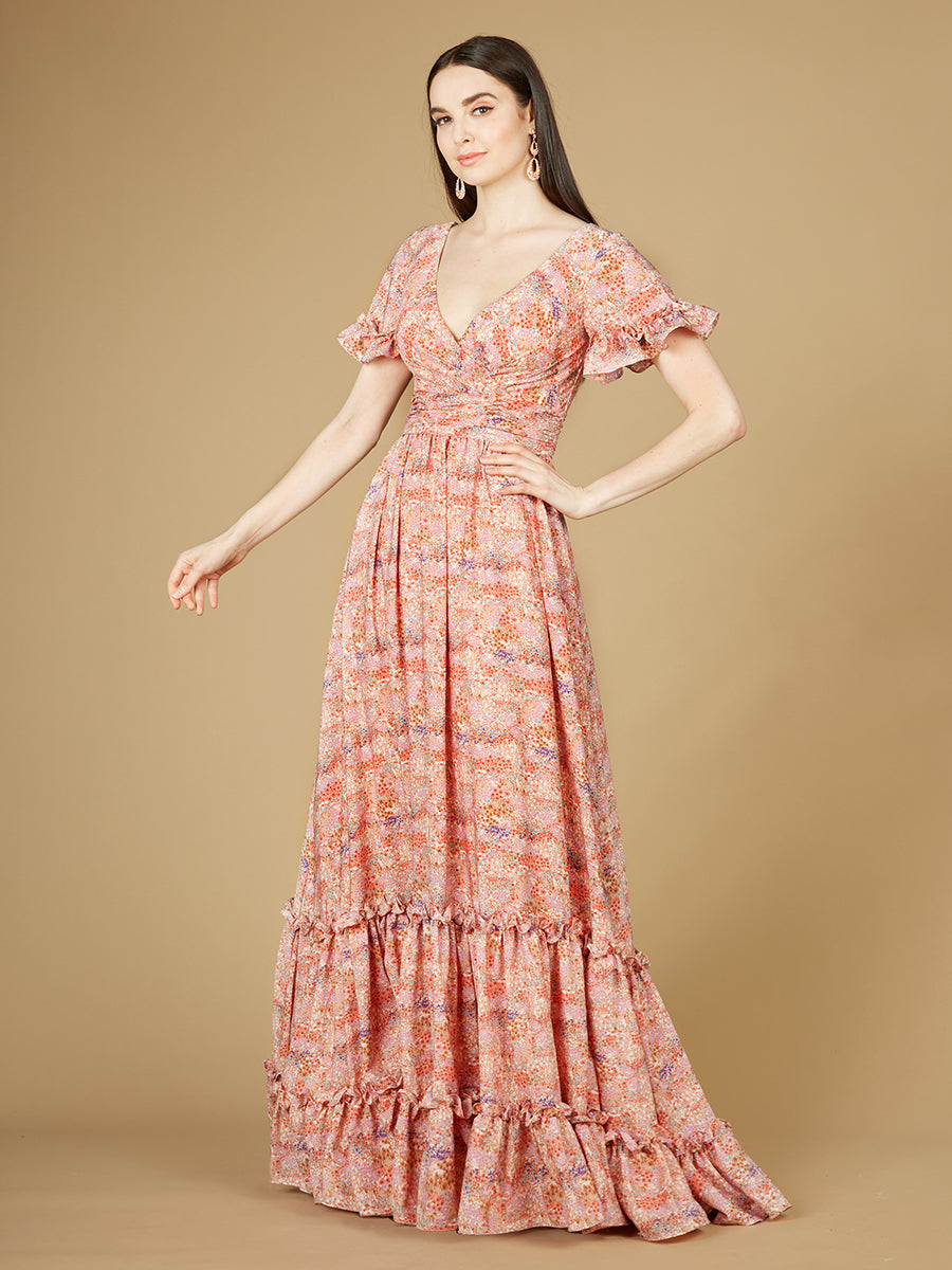 Long Print Gown with Cap Sleeves - OUTLET by Lara New York