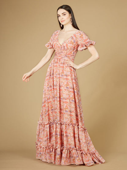 Long Print Gown with Cap Sleeves - OUTLET by Lara New York