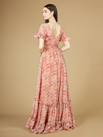 Long Print Gown with Cap Sleeves - OUTLET by Lara New York