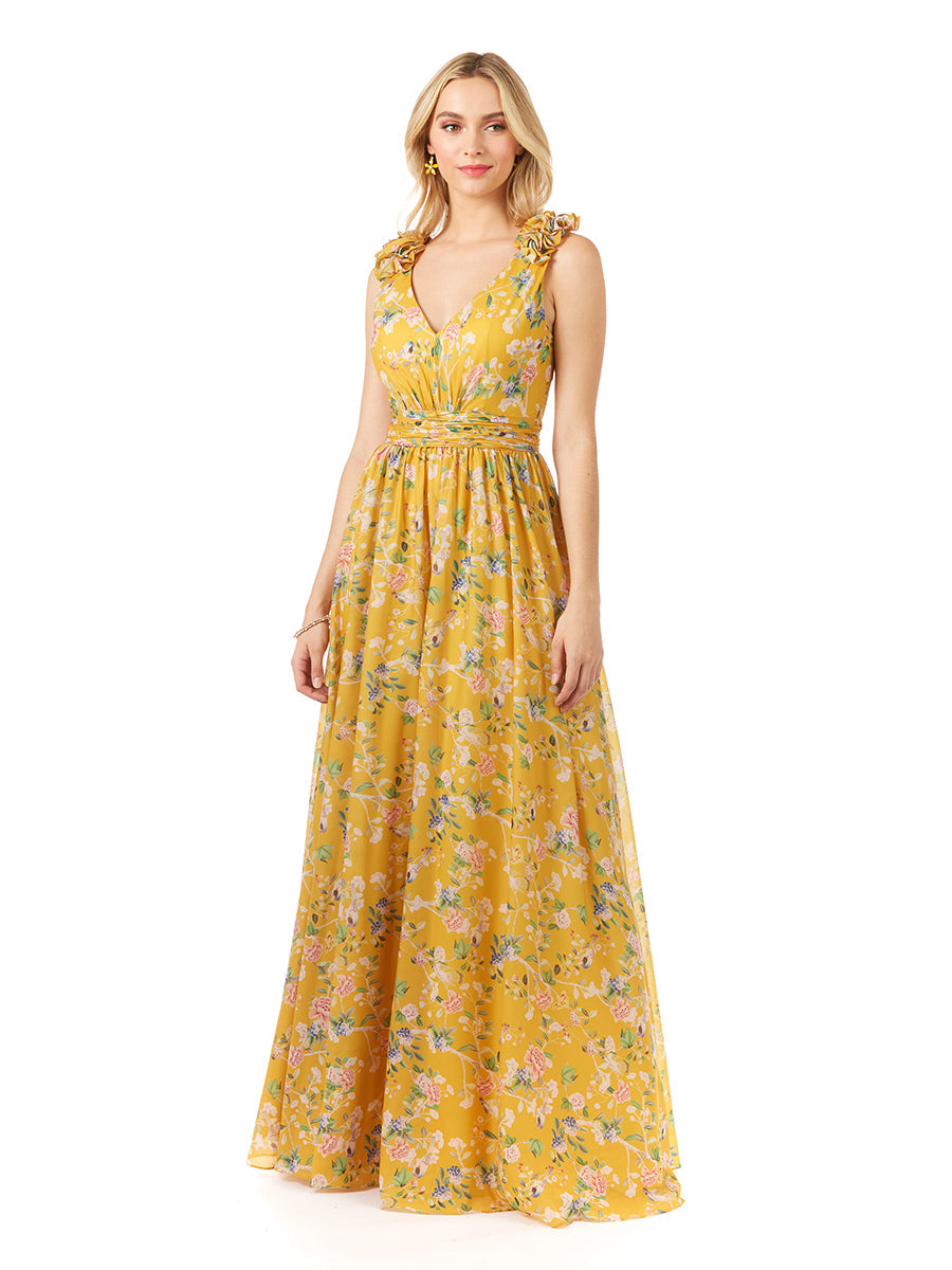 V-Neck Long Print Gown with Straps by Lara New York