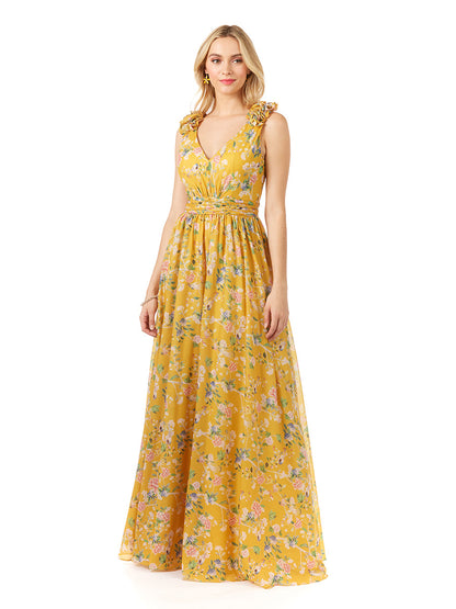 V-Neck Long Print Gown with Straps by Lara New York