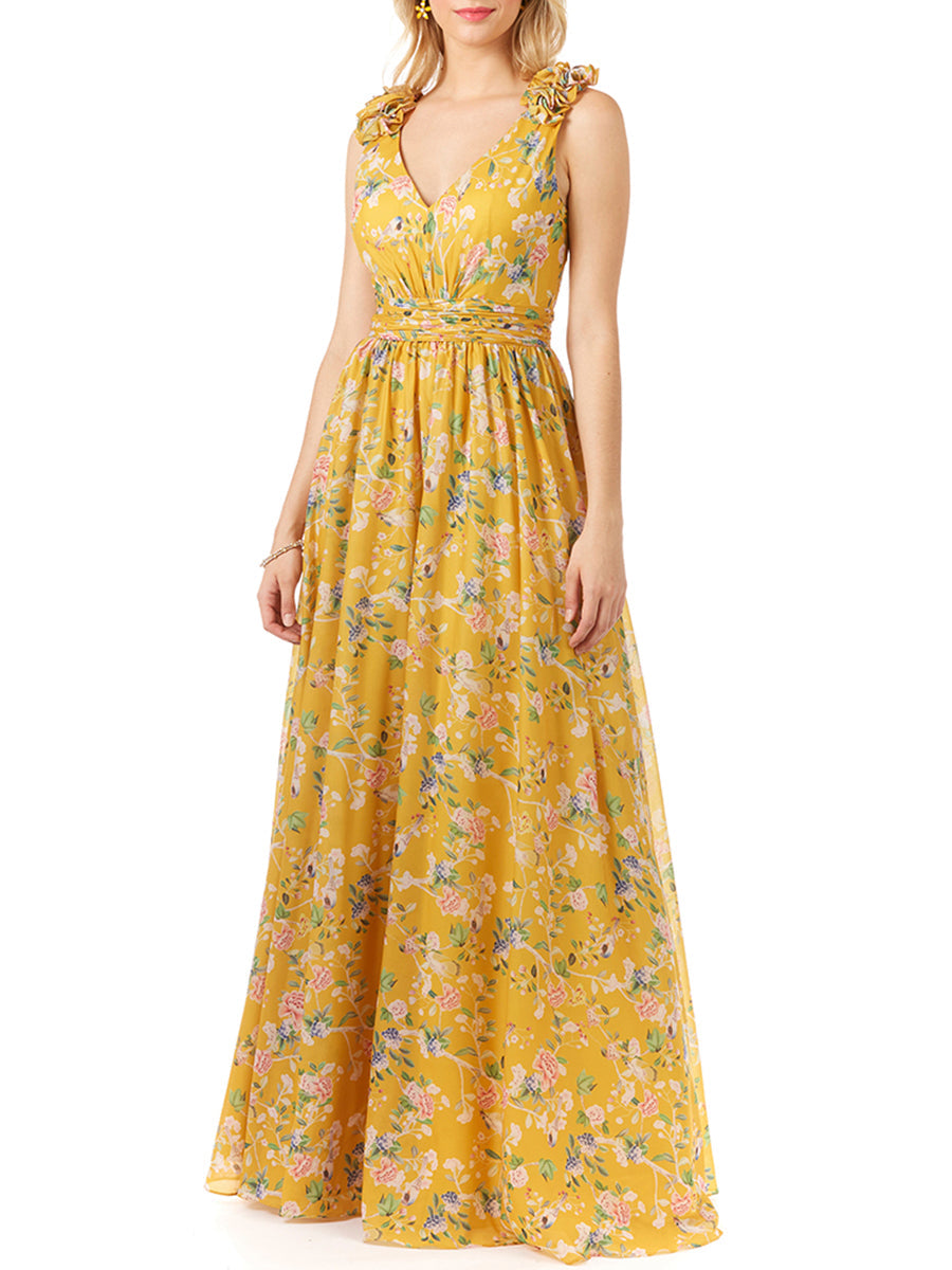 V-Neck Long Print Gown with Straps by Lara New York