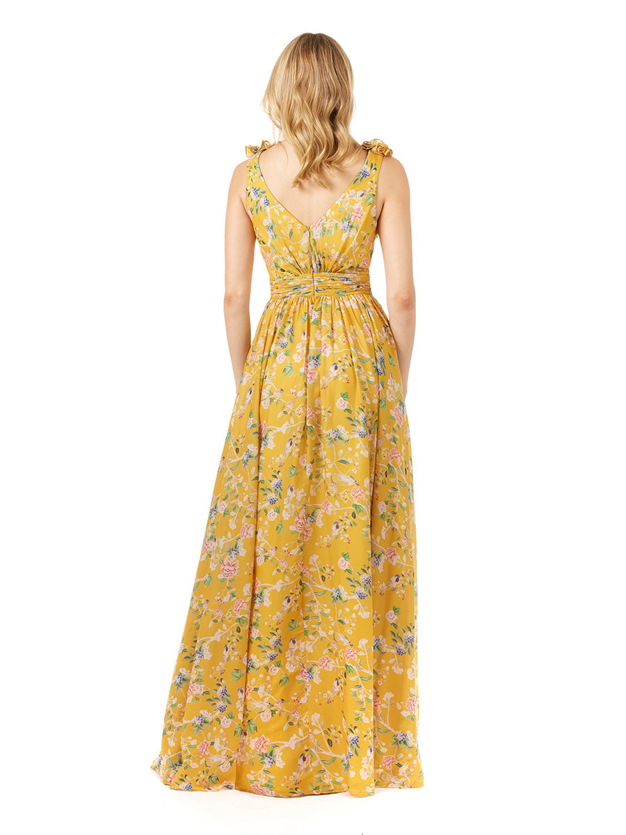 V-Neck Long Print Gown with Straps by Lara New York