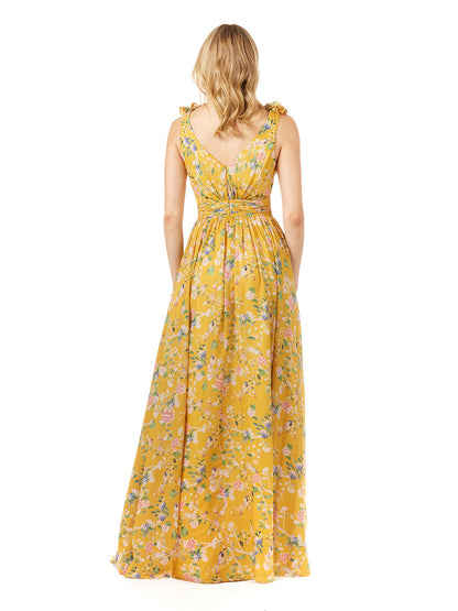 V-Neck Long Print Gown with Straps by Lara New York