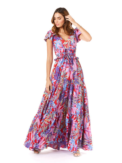 V-Neck Long Print Gown with Cap Sleeves - OUTLET by Lara New York
