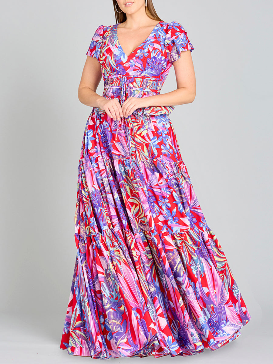 V-Neck Long Print Gown with Cap Sleeves - OUTLET by Lara New York