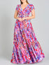 V-Neck Long Print Gown with Cap Sleeves - OUTLET by Lara New York