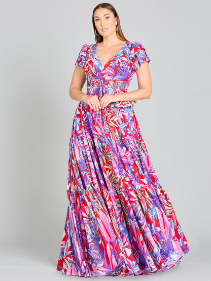 V-Neck Long Print Gown with Cap Sleeves - OUTLET by Lara New York