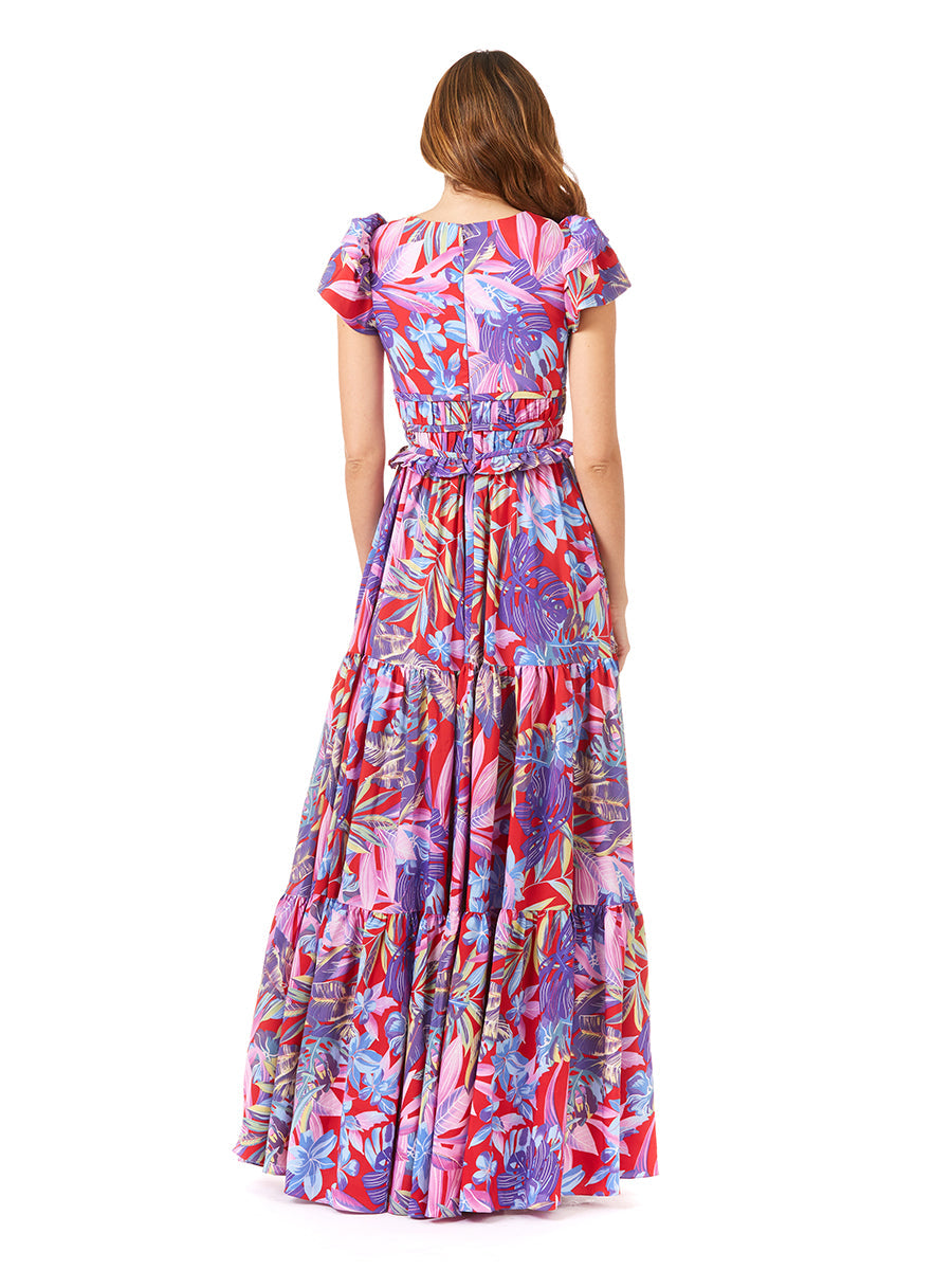 V-Neck Long Print Gown with Cap Sleeves - OUTLET by Lara New York