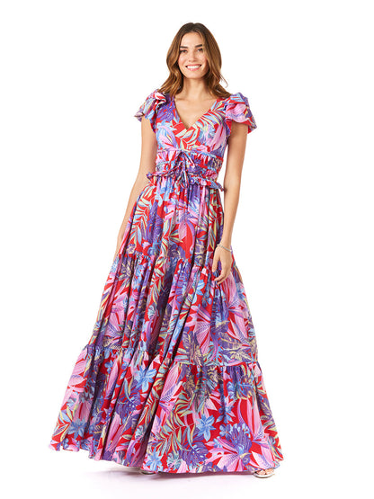 V-Neck Long Print Gown with Cap Sleeves - OUTLET by Lara New York