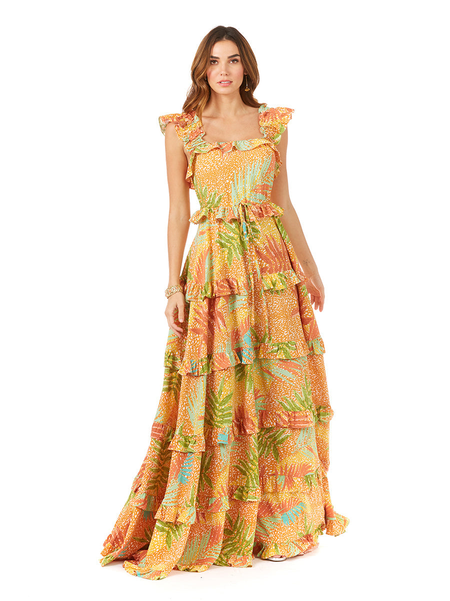 Ruffle Printed Gown with Straps OUTLET by Lara New York
