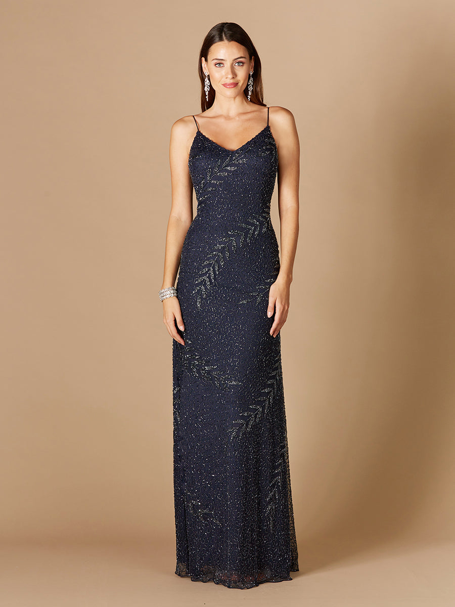 Beaded Spaghetti Strap Navy Full-Length Gown by Lara New York