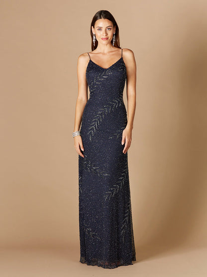 Beaded Spaghetti Strap Navy Full-Length Gown by Lara New York